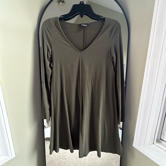 Express Olive Green V-Neck Long Sleeve Knit A-Line Mini Dress Size Small - Picture 3 of 3